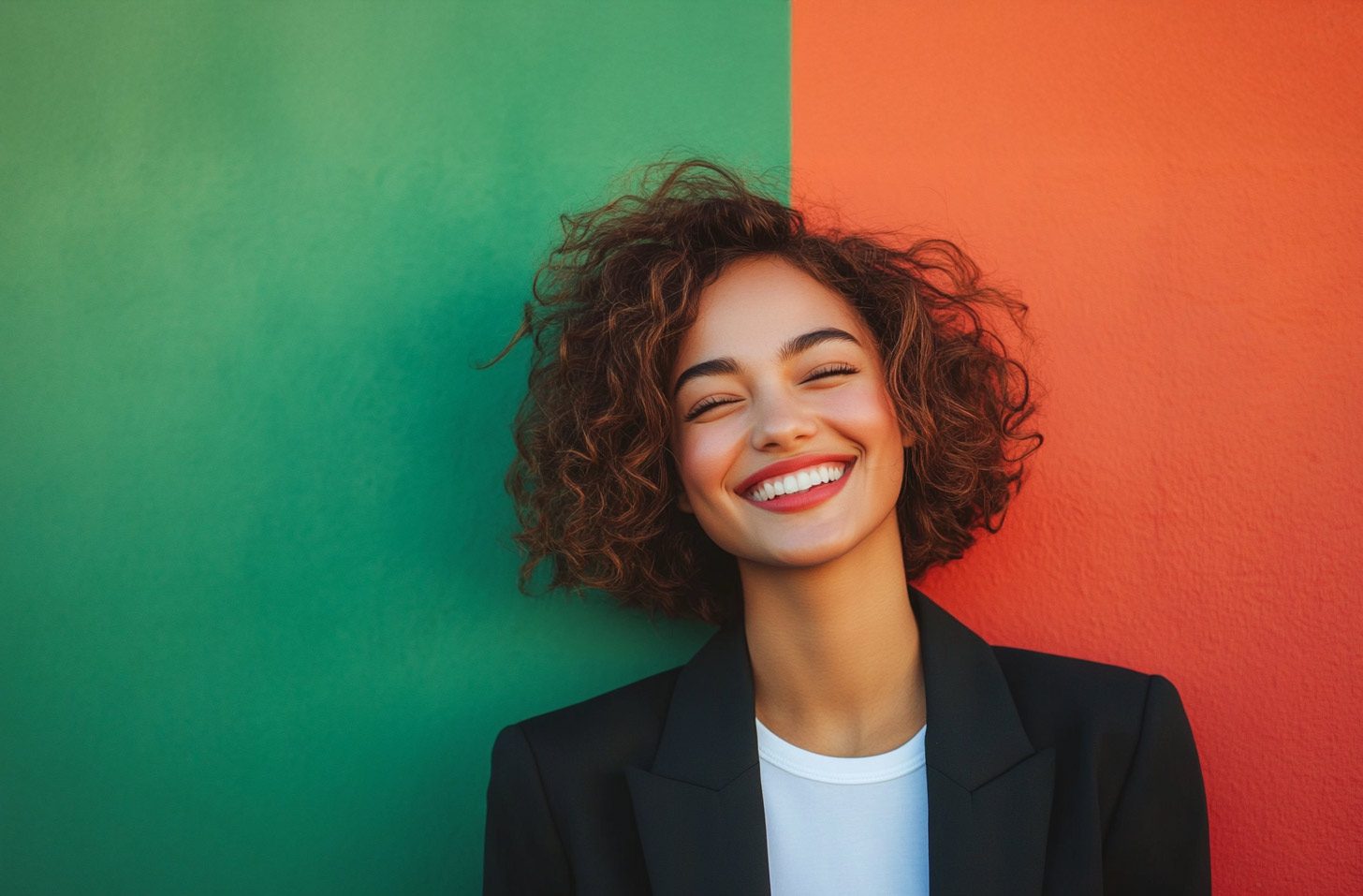 woman-laughing-orange-bg